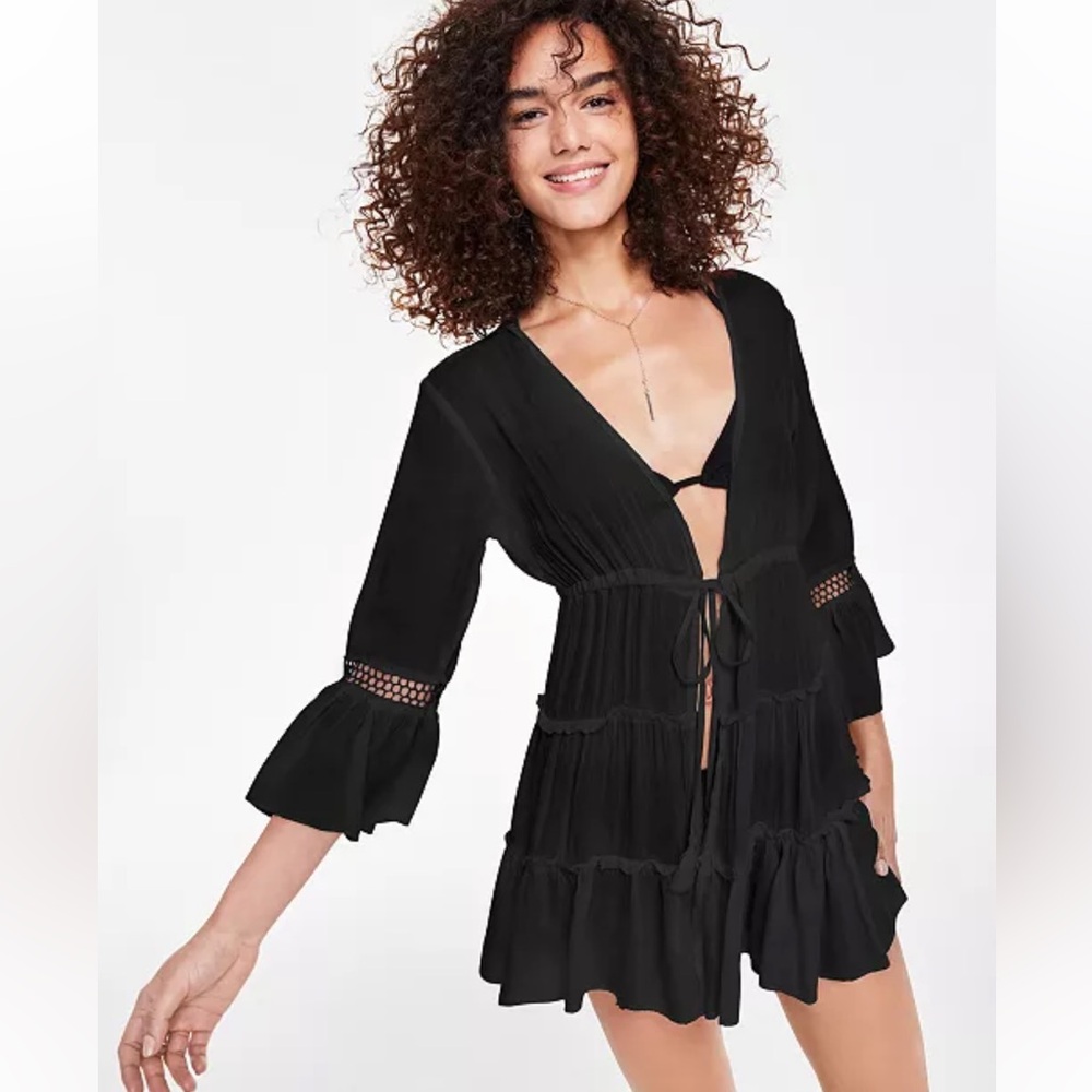 Raviya Open-Front Cover-Up Black bell sleeves size Medium